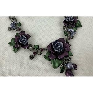 Vintage Purple Rose & Leaf Necklace with Matching Pierced Earrings 19”